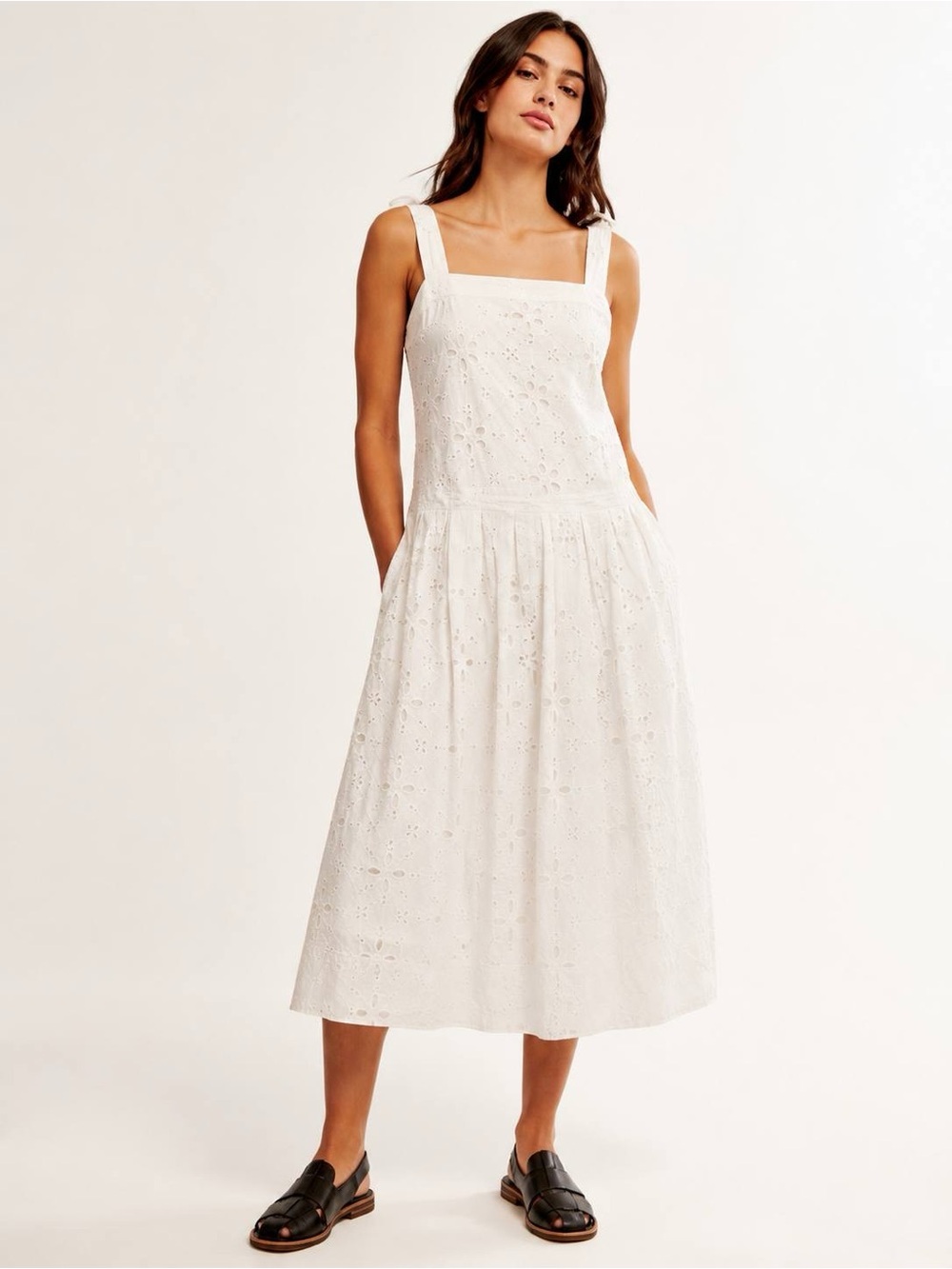 Free People Women White Eyelet Embroidery Tie Strap Smocked Maxi Dress L NWT